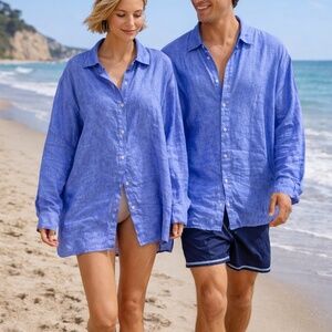 Ocean Blue Vintage Linen Button-Down Shirt – Oversized Unisex XL–2XL